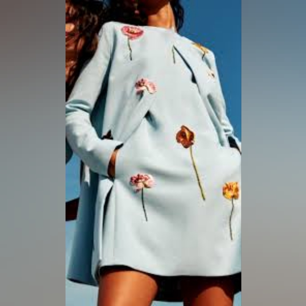 ●$2,790 NEW OSCAR DE LA RENTA FLOWER EMB BLUE WOOL DRESS 16